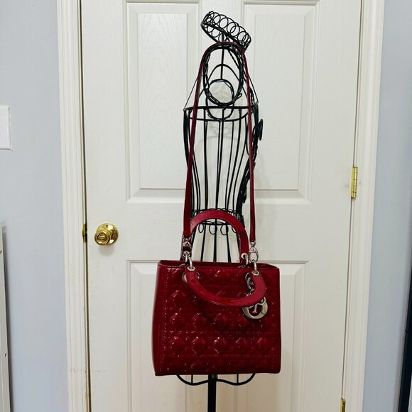 CHRISTIAN DIOR TWO-WAY LADY DIOR PATENT LEATHER TOTE SHOULDER BAG RED - Picture 2 of 16